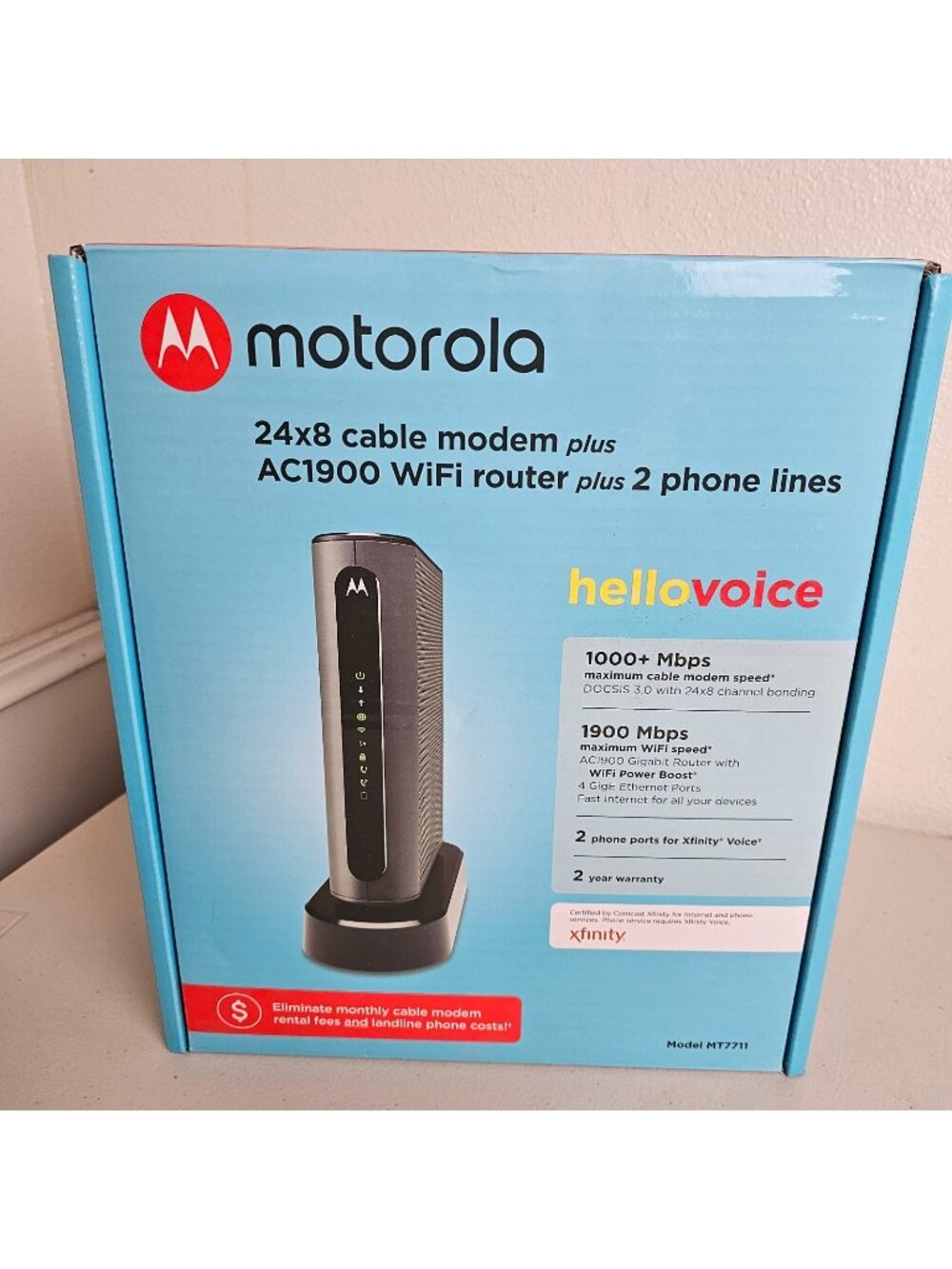 Motorola MT7711 Dual Band AC1900 Cable Modem and Wi-Fi Gigabit Router WORKS EUC